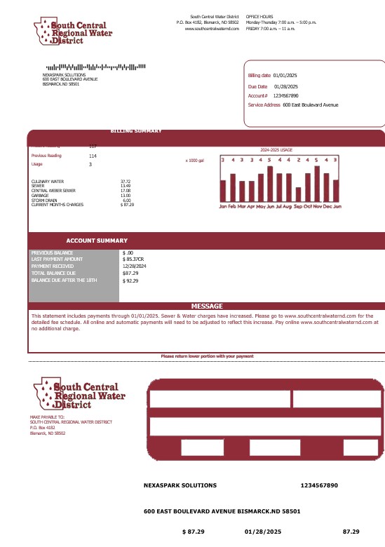 USA North Dakota South Central Regional Water District business utility bill template in Word and PDF formats